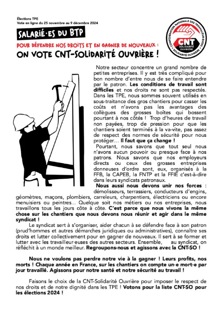 Élections TPE 2024 Salarié.e.s du Bâtiment et Travaux Publics (BTP)