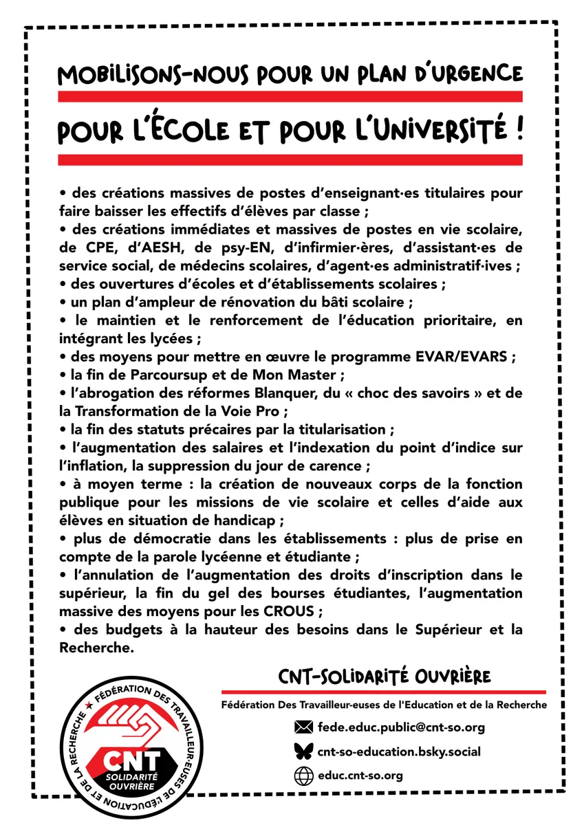 Mobilisons-nous pour un plan d’urgence pour l’École et pour l’Université !