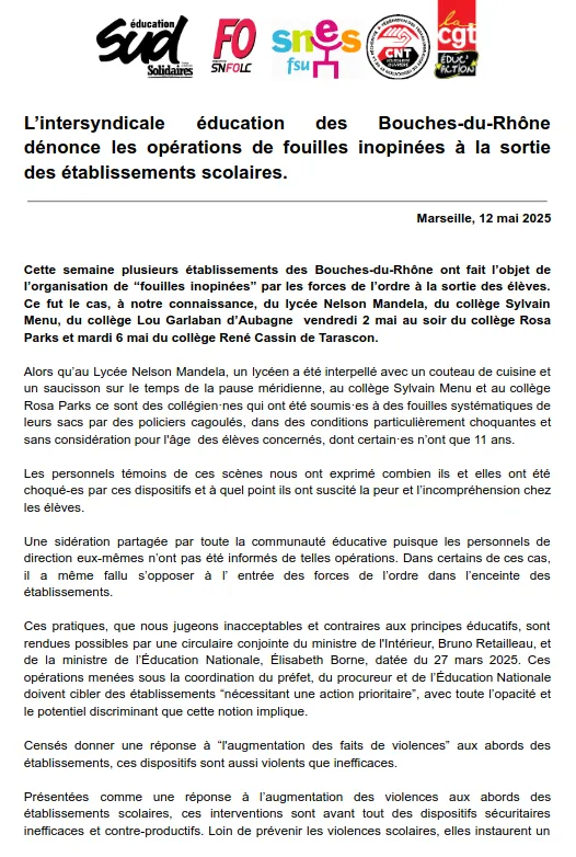 L’intersyndicale éducation des Bouches-du-Rhône dénonce les opérations de fouilles inopinées à la sortie des établissements scolaires