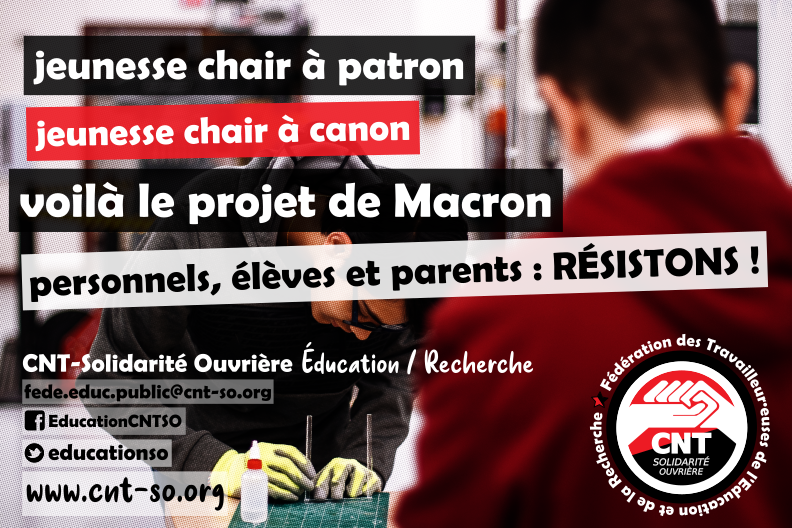 Jeunesse chair à patron, jeunesse chair à canon : communiqué de la fédération CNT-SO Éducation & Recherche sur le remaniement ministériel au M.E.N